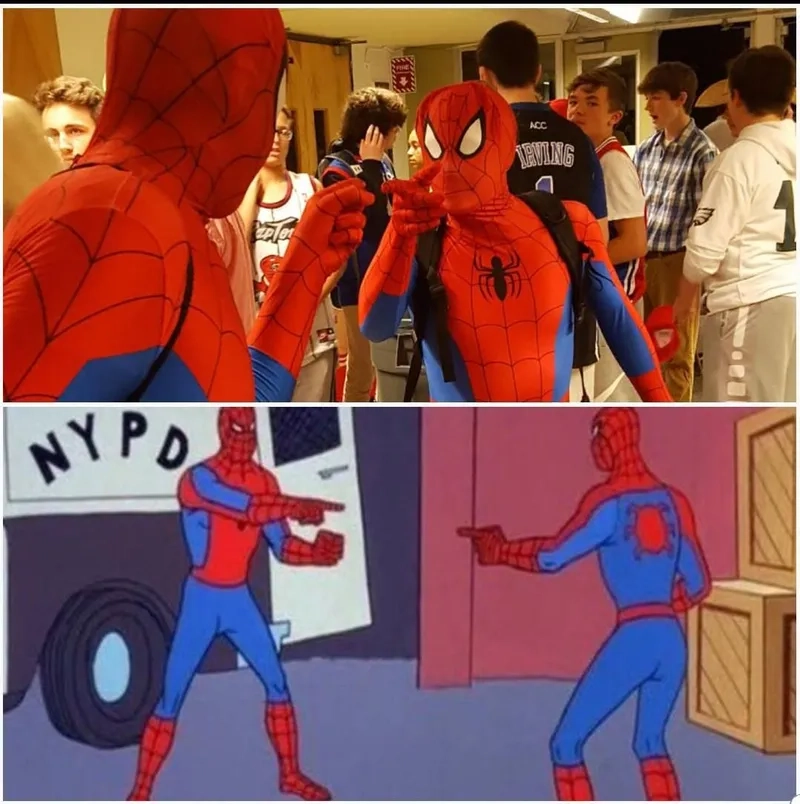 The classic 2 spiderman pointing meme comparison