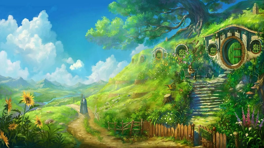 Relax with serene views in anime landscape background
