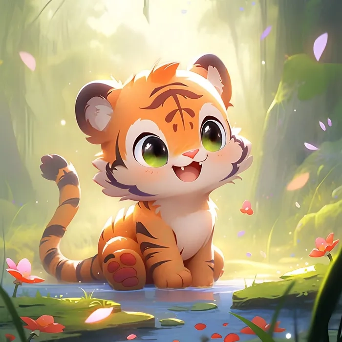 White chibi tiger shining soft with rare innocence