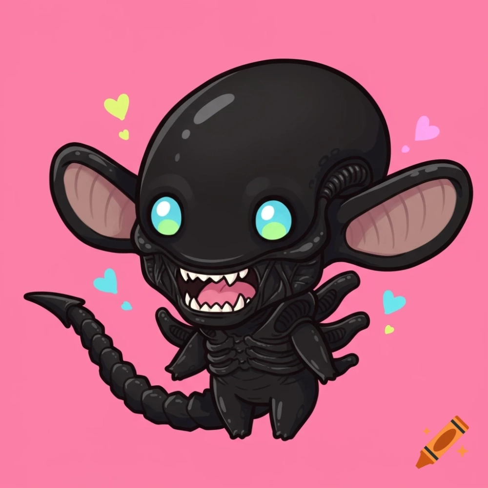 Kawaii xenomorph glowing dark with soft cuteness