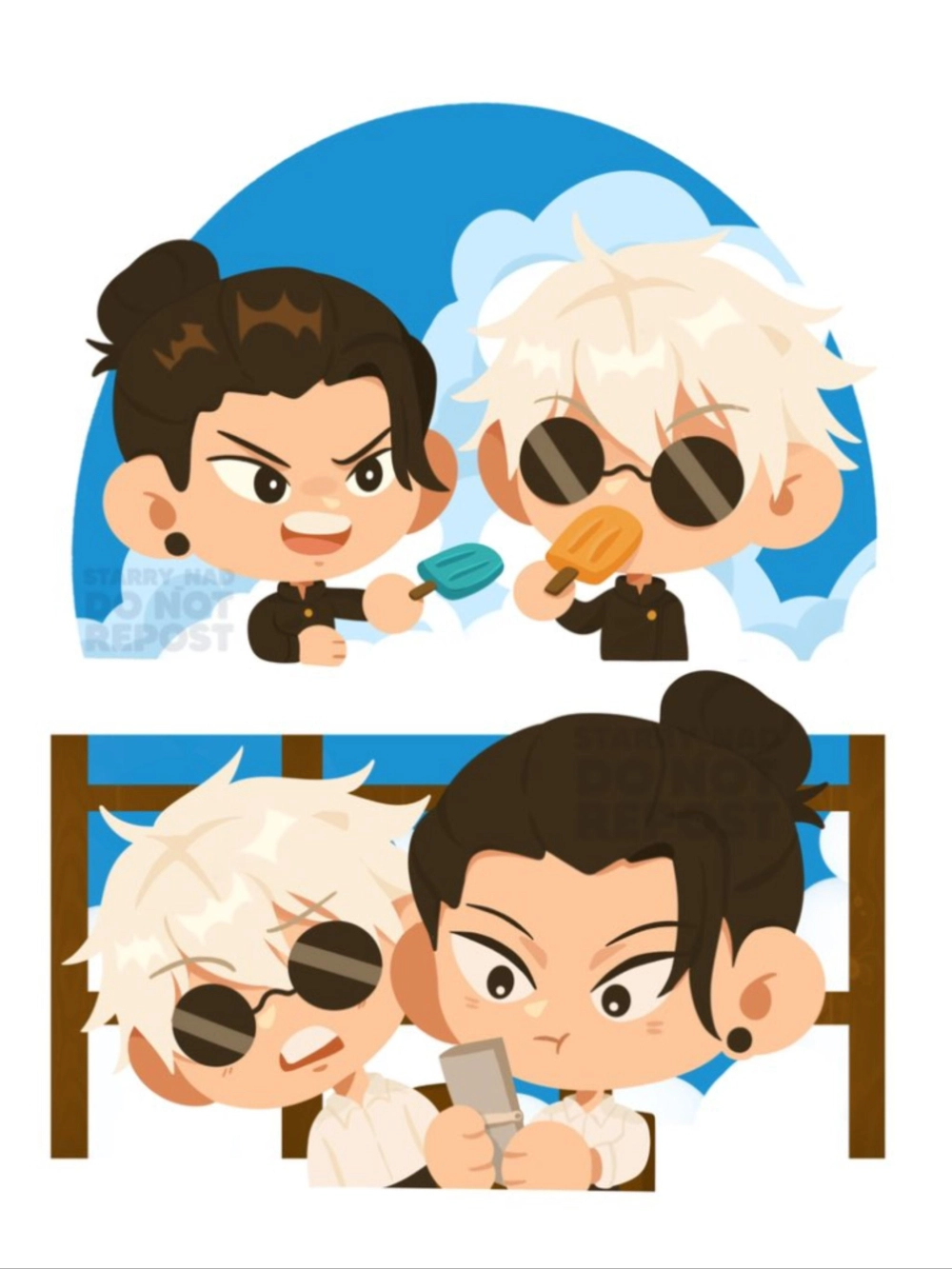 Gojo Geto chibi art glowing with color