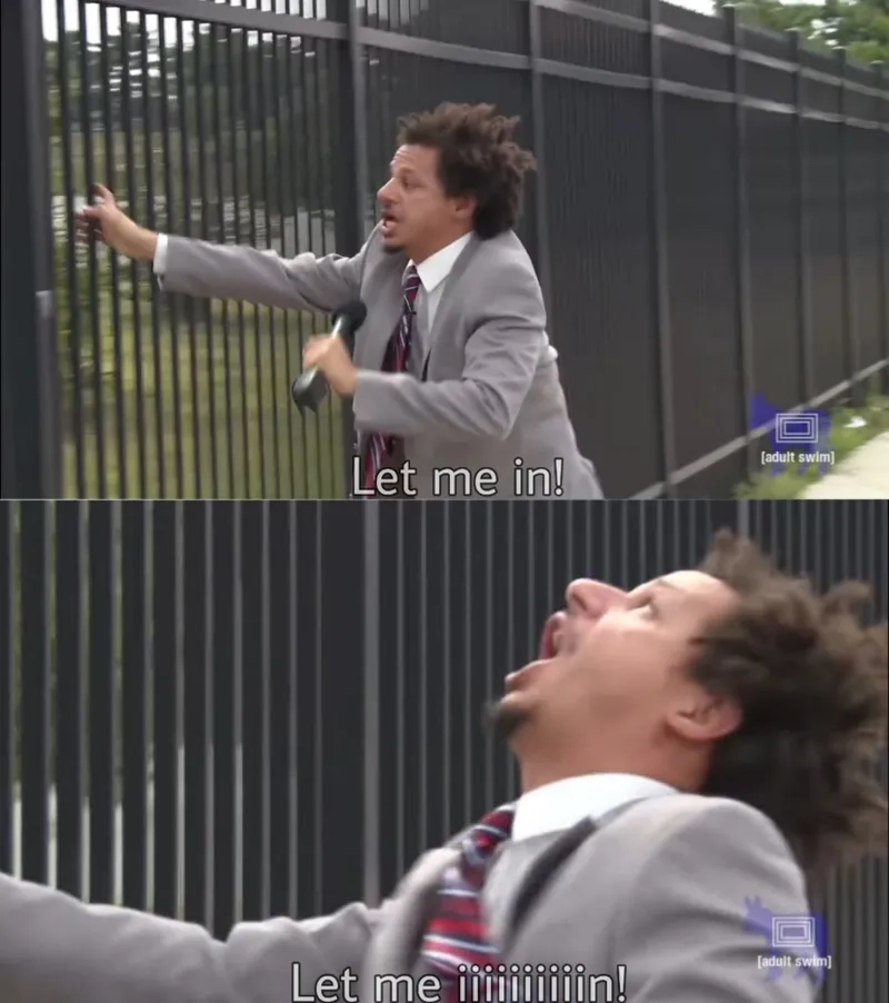 A cute let me in dog meme at the door