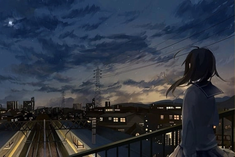 Anime character looking out window captures thought