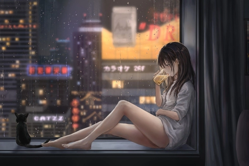 Anime girl alone at night shows quiet reflection