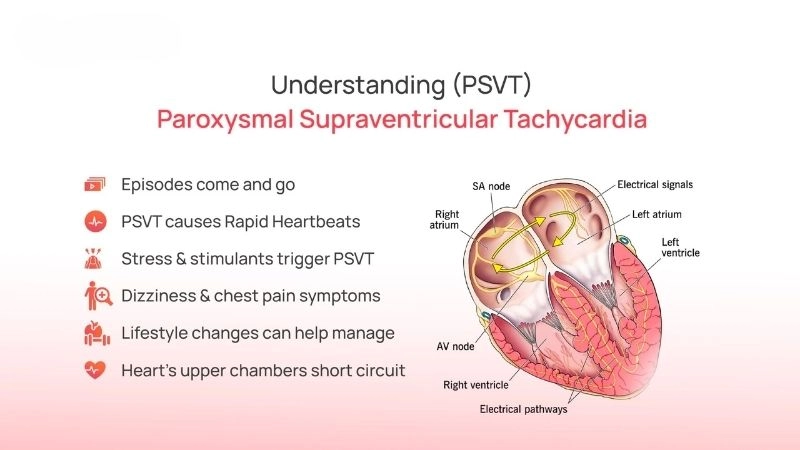 Paroxysmal Supraventricular Tachycardia symptoms include sudden racing heart