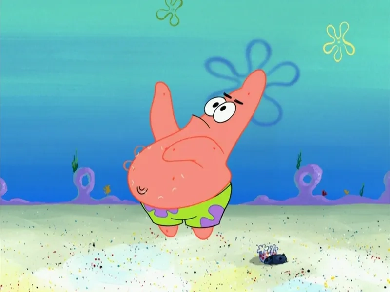 The shocked expression of the surprised patrick meme