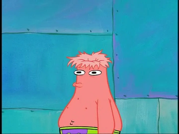 The hilarious thinking patrick meme with a board on his head