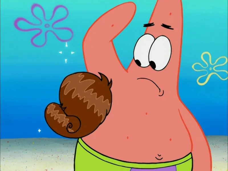 A close-up of the evil patrick meme