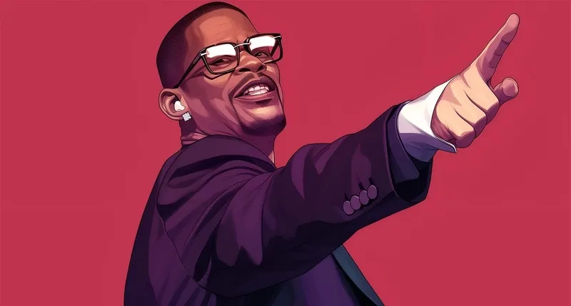 Leo pointing at the screen with a drink